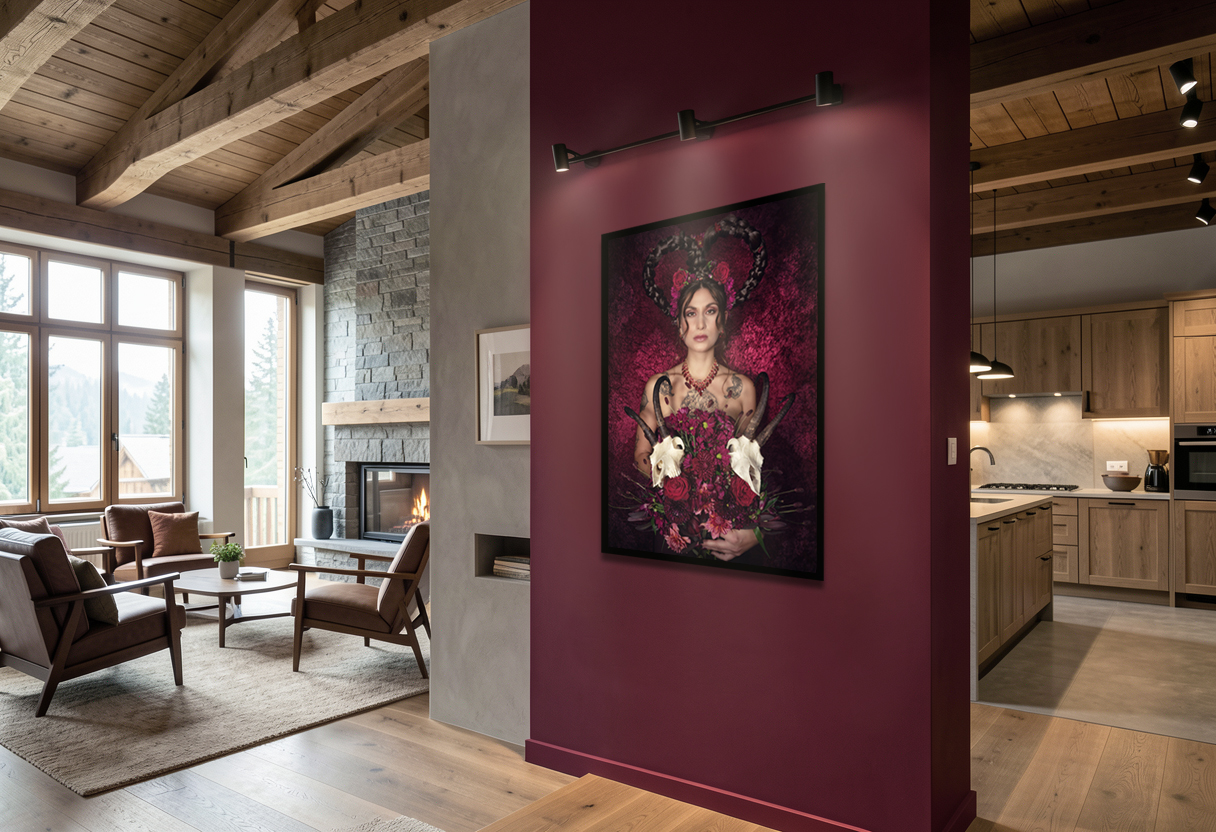 Großformatige Fine Art Fotografie Rubeda aus der Serie Jagdtrieb in modernem schweizer Challet