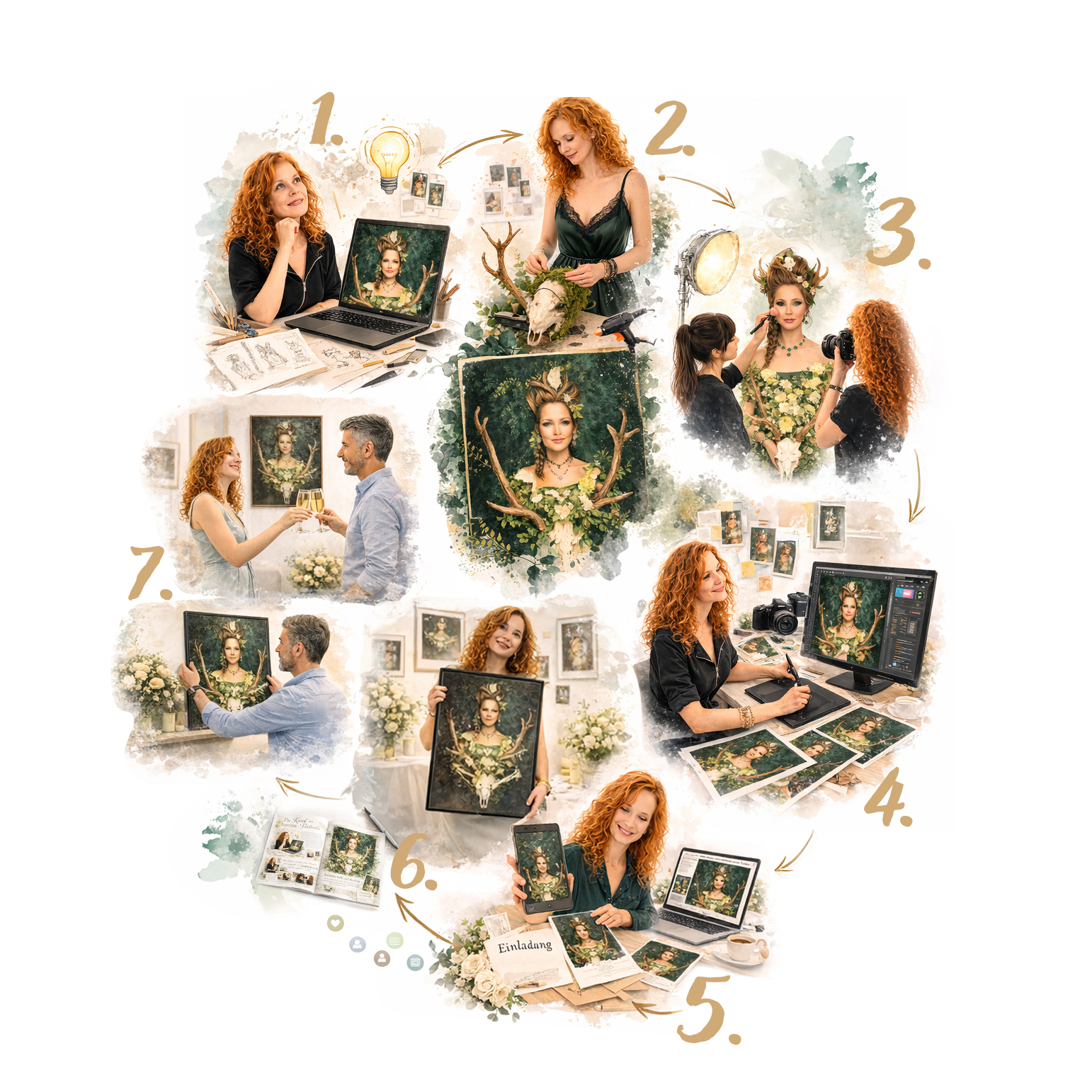 Workflow der Fotografin Isabel Engelmann von der Idee über Vorbereitungen, Footoshooting, Bildbearbeitung, Werbung, Social Media, zur Vernissage und zum Verkauf