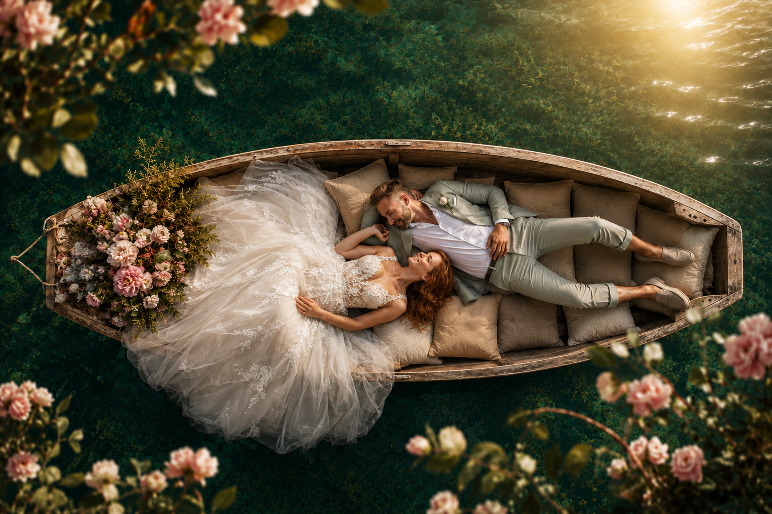 Braut mit weißem Hochzeitskleid und Bräutigam im sommerlichen Anzug. Romantische Hochzeit mit Boot