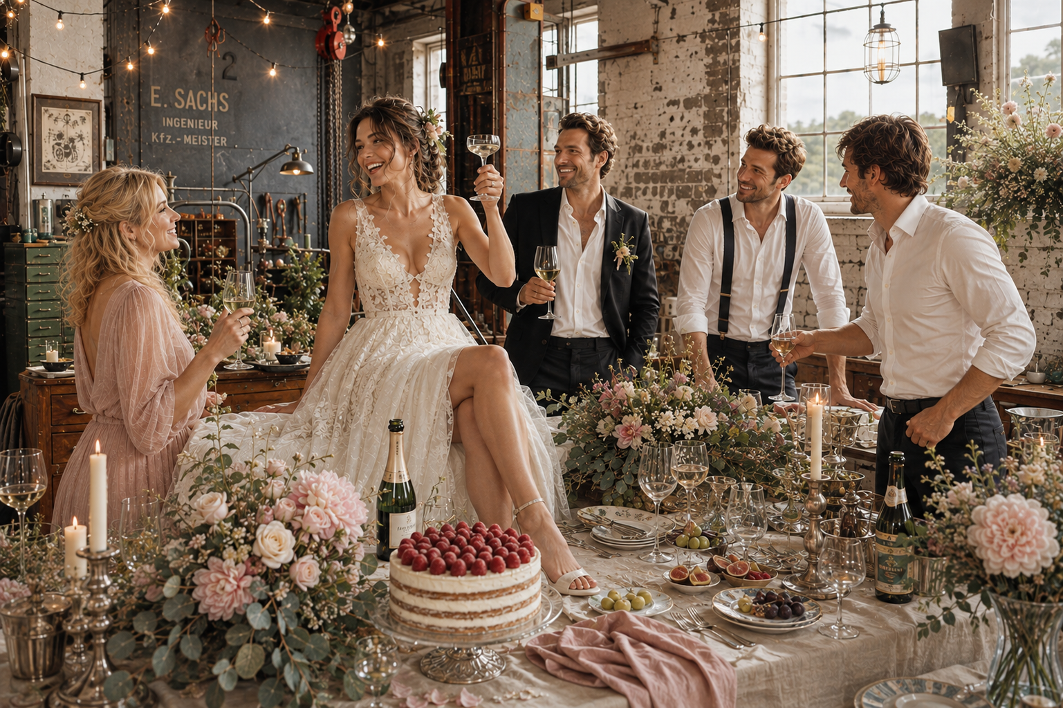 Braut und Bräutigam beim Dinner mit Trauzeugen nach der Hochzeit