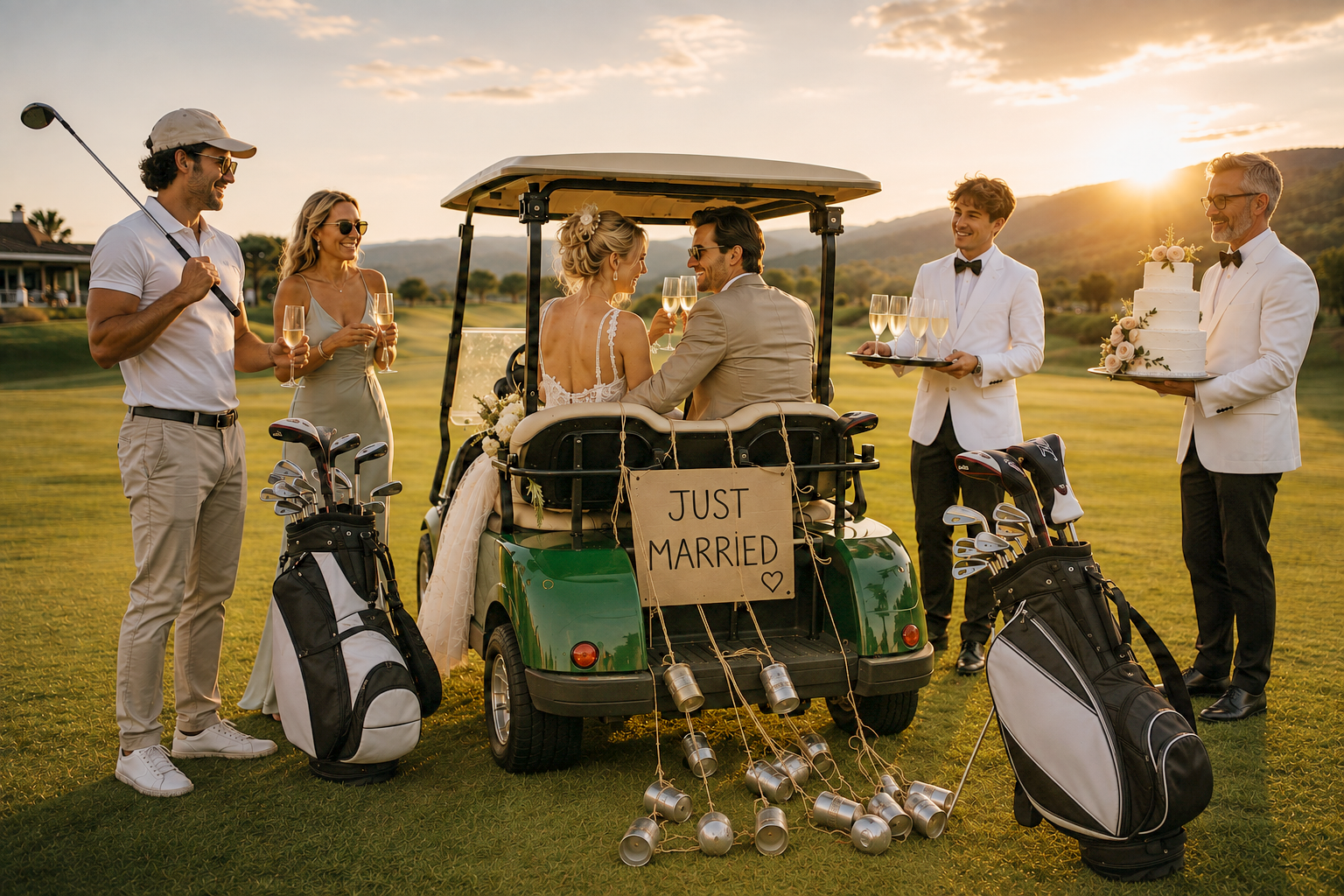 Hochzeitspaar am Golfplatz. Braut und Bräutigam mit Trauzeugin und Trauzeuge