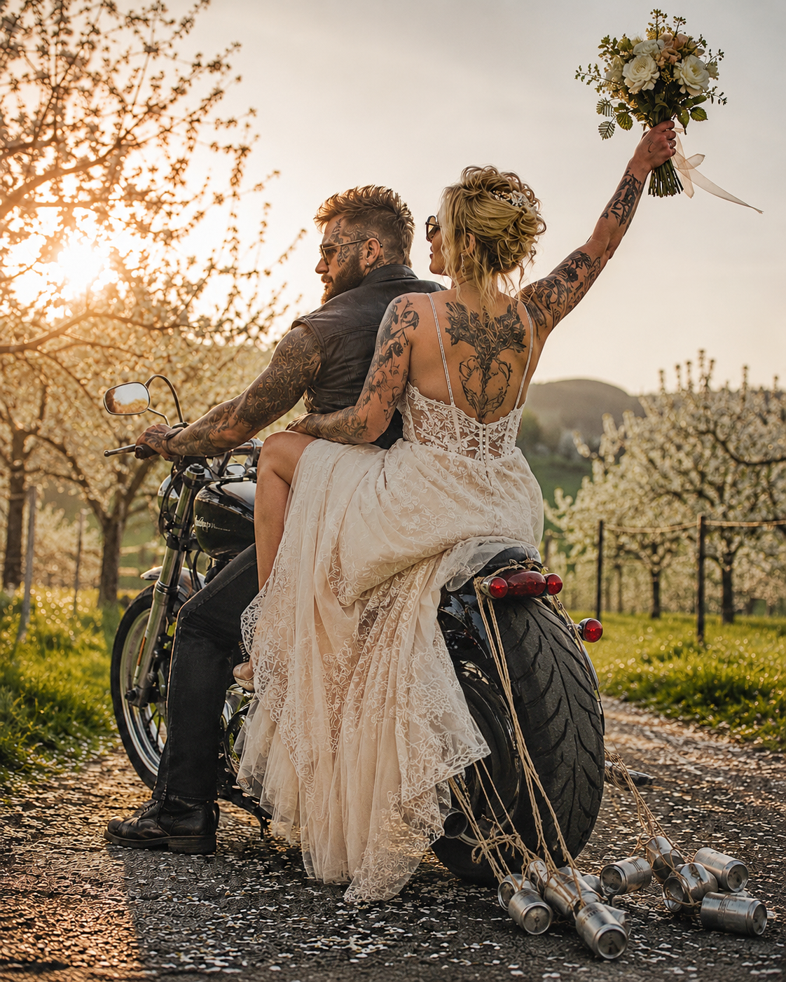 Ehepaar auf dem Motorrad mit Brautkleid