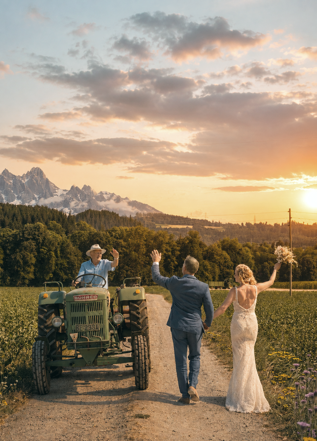 Braut und Bräutigam mit Traktor bei der Vintage Hochzeit